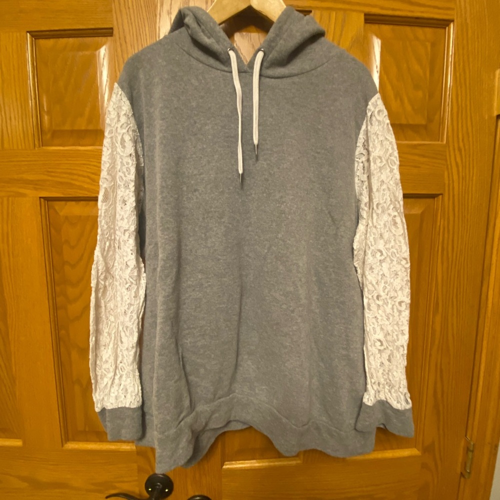 Torrid Gray and White Coquette Lace Sleeve Hooded Sweatshirt